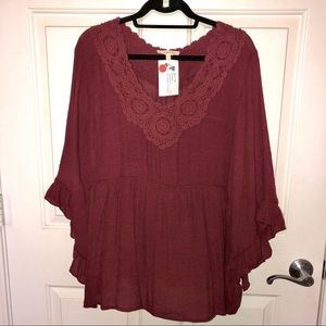 Maroon bell sleeve tunic or peplum top